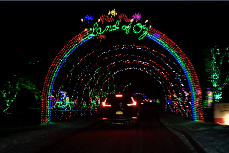 Christmas lights of multiple colors create an archway over a road.